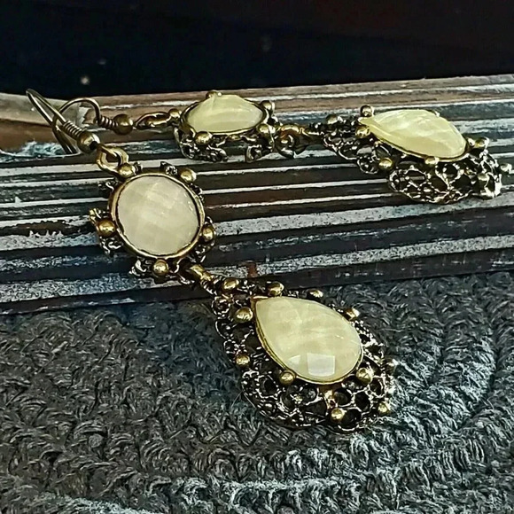 Modern Victorian Style Antique Brass Teardrop Cabochon Earrings - Picture 6 of 7